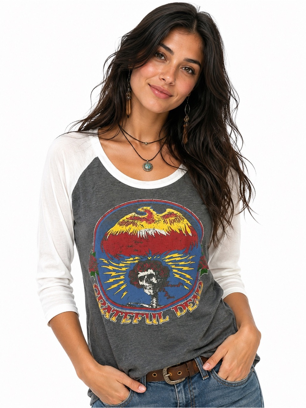 Chaser Grateful Dead Raglan Baseball Tee XS Eagle Skeleton Roses Boho Hippie